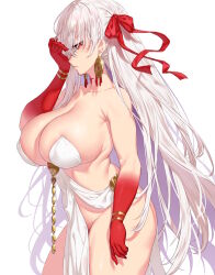 Rule 34 | 1girl, bare shoulders, belly chain, blush, body markings, bracelet, breasts, cleavage, collarbone, colored skin, durga (fate), earrings, facial mark, fate/grand order, fate (series), gradient skin, hair ribbon, highres, huge breasts, jewelry, long hair, looking at viewer, onsoku inu, pelvic curtain, red eyes, red skin, revealing clothes, ribbon, sash, simple background, solo, thick thighs, thighs, variant set, very long hair, white background, white hair