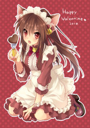 Rule 34 | 10s, 1girl, 2010, animal ears, bad id, bad pixiv id, brown hair, cat ears, chocolate, fork, happy valentine, heart, little busters!, long hair, maid, natsume rin, ponytail, red eyes, sacraneco, solo, valentine