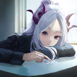 Rule 34 | 1girl, absurdres, black jacket, blue archive, blush, closed mouth, demon girl, demon horns, desk, dorosi033, highres, hina (blue archive), horns, jacket, long hair, long sleeves, looking at viewer, multiple horns, parted bangs, playing with own hair, ponytail, portrait, purple eyes, purple horns, school desk, school uniform, solo, white hair