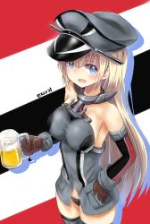 Rule 34 | 10s, 1girl, alcohol, anchor, anchor hair ornament, armor, bare shoulders, beer, bismarck (kancolle), black panties, blonde hair, blue eyes, blush, breastplate, breasts, brown gloves, cross, detached sleeves, flag background, gloves, grey thighhighs, hair ornament, hat, highres, i.f.s.f, iron cross, kantai collection, kriegsmarine, long hair, looking at viewer, military, military hat, military uniform, monochrome, open mouth, panties, peaked cap, sailor hat, sideboob, smile, solo, standing, thighhighs, underwear, uniform