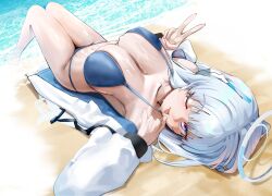 Rule 34 | 1girl, absurdres, alternate costume, bare shoulders, beach, bikini, blue archive, blue bikini, blush, breasts, day, grey hair, halo, headgear, highres, jacket, large breasts, long hair, long sleeves, looking at viewer, lying, mechanical halo, navel, noa (blue archive), off shoulder, on back, open clothes, open jacket, purple eyes, smile, soaking feet, solo, string bikini, swimsuit, two-sided fabric, two-sided jacket, user gxxw2385, v, water, white jacket