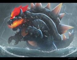 Rule 34 | armlet, bowser, bracelet, breath weapon, breathing fire, claws, collar, electricity, fangs, fire, fury bowser, glowing, glowing eyes, glowing hair, gonzarez, highres, horns, jewelry, letterboxed, lightning, mario (series), nintendo, open mouth, rain, solo, spiked armlet, spiked bracelet, spiked collar, spiked shell, spikes, storm, super mario 3d world, turtle shell, water
