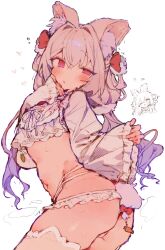 Rule 34 | 1girl, animal ear fluff, animal ears, ass, blush, carrot, commission, crop top, frills, gradient hair, grey hair, hair between eyes, hair intakes, hair ornament, hand on own face, heart, highres, long sleeves, looking at viewer, looking back, low twintails, miniskirt, multicolored hair, multiple views, navel, original, otintin, pink eyes, pleated skirt, purple hair, rabbit tail, ribbon, simple background, skeb commission, skirt, sleeves past wrists, solo, steam, tail, thighhighs, twintails, white background, white ribbon, white skirt, white thighhighs
