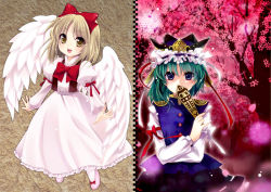 Rule 34 | 2girls, :d, angel wings, asymmetrical hair, bad id, bad pixiv id, blonde hair, blue eyes, blush, bow, bowtie, cherry blossoms, covering own mouth, crown, dress, epaulettes, gengetsu (touhou), green hair, hair bow, juliet sleeves, long sleeves, multiple girls, open mouth, puffy sleeves, red bow, ribbon, rod of remorse, sash, shiki eiki, short hair, smile, touhou, touhou (pc-98), tree, wings, yellow eyes, yukian