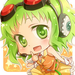 Rule 34 | 1girl, blush, chibi, goggles, goggles on head, green eyes, green hair, gumi, headphones, looking at viewer, lowres, matching hair/eyes, open mouth, red-tinted eyewear, shima riu, smile, solo, star (symbol), tinted eyewear, vocaloid