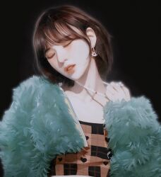 Rule 34 | 1girl, absurdres, black background, blue coat, blush, brown dress, brown hair, closed eyes, coat, collarbone, dress, earrings, fur coat, hair behind ear, heart, highres, jewelry, k-pop, nagamerin, necklace pull, parted lips, pink lips, plaid, plaid dress, real life, realistic, red velvet (group), solo, wendy (red velvet)