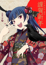 Rule 34 | &gt;:d, 10s, 1girl, :d, animal on arm, bird, bird on arm, blue hair, brown nails, crow, feather hair ornament, feathers, floral print, hair bun, hair ornament, happy new year, inui sekihiko, japanese clothes, jewelry, kanzashi, kimono, long hair, looking at viewer, love live!, love live! school idol festival, love live! sunshine!!, nail polish, new year, obi, open mouth, purple eyes, red nails, ring, sash, side bun, single side bun, smile, solo, tsushima yoshiko, upper body, v-shaped eyebrows, w, w over eye, wide sleeves