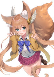 Rule 34 | 1girl, absurdres, animal ear fluff, animal ears, ayul (ayulneri 92), bad id, bad pixiv id, blue bow, blue eyes, blush, bow, bowtie, brown cardigan, brown footwear, brown hair, cardigan, collared shirt, commission, dress shirt, fang, fox ears, fox girl, fox tail, hair between eyes, hair ornament, highres, jumping, loafers, long hair, long sleeves, looking at viewer, miniskirt, open cardigan, open clothes, open mouth, original, plaid, plaid skirt, pleated skirt, purple skirt, school uniform, shirt, shoes, simple background, skirt, sleeves past wrists, smile, solo, tail, twintails, very long hair, white background, white shirt