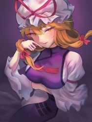 Rule 34 | 1girl, arm ribbon, arm under breasts, bad id, bad pixiv id, blonde hair, breasts, commentary request, dress, finger to cheek, hair between eyes, hair ribbon, hair up, hand in own hair, hand up, hat, hat ribbon, highres, large breasts, long sleeves, looking at viewer, mob cap, parted lips, partial commentary, purple background, ribbon, sidelocks, simple background, solo, tabard, touhou, tress ribbon, trigram, upper body, usamata nozomi, white dress, white hat, wide sleeves, yakumo yukari, yellow eyes