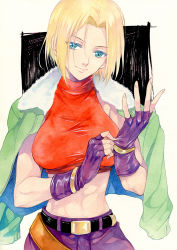 Rule 34 | 1girl, agahari, blonde hair, blue eyes, blue mary, fatal fury, fingerless gloves, gloves, jacket, md5 mismatch, open clothes, open jacket, shirt, short hair, smile, solo, taut clothes, taut shirt, the king of fighters