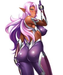 Rule 34 | 1girl, arm behind back, armor, armpits, ass, ass grab, back, bare shoulders, blush, bodysuit, boku no elf onee-san, breasts, closed mouth, company connection, cosplay, covered erect nipples, cowboy shot, dark-skinned female, dark elf, dark skin, elbow gloves, elf, faulds, fishnets, flipped hair, from behind, from side, full body, gloves, green eyes, hand on own thigh, hand up, highres, igawa asagi, igawa asagi (cosplay), kuji-in, large breasts, light purple hair, lilith-soft, lipstick, long hair, long pointy ears, looking at viewer, looking back, makeup, midriff, my elf elder sister, ninja, nobushito kuro, official art, pink hair, pink lips, pointy ears, puffy nipples, purple bodysuit, shiny clothes, simple background, skin tight, solo, sophia ardys fairglyn, standing, taimanin (series), taimanin asagi, taimanin asagi kessen arena, thighs, vambraces, very long hair, wavy hair, white background