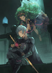 Rule 34 | 1boy, 1girl, anocurry, armor, black gloves, blue eyes, blue hair, braid, byleth (fire emblem), byleth (male) (fire emblem), closed eyes, dress, fire emblem, fire emblem: three houses, from side, gloves, green hair, hair ornament, heroes relic (fire emblem), highres, holding, holding sword, holding weapon, long hair, nintendo, pointy ears, ribbon braid, short hair, sitting, sothis (fire emblem), sword, sword of the creator, tiara, twin braids, weapon