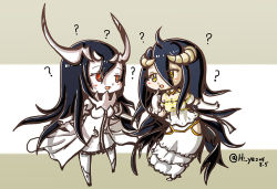 Rule 34 | 10s, 2girls, :d, ?, abyssal ship, ahoge, albedo (overlord), anchorage water oni, bare shoulders, black hair, breasts, chibi, cleavage, colored skin, crossover, demon girl, demon horns, detached collar, dress, eyes visible through hair, finger to mouth, frilled dress, frills, gloves, hi ye, hip vent, horns, kantai collection, long hair, look-alike, looking at another, multiple girls, open mouth, overlord (maruyama), overskirt, pelvic curtain, red eyes, simple background, smile, striped, striped background, twitter username, white dress, white gloves, white skin, yellow eyes