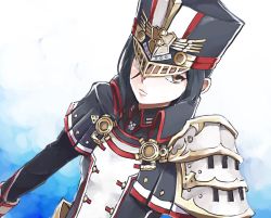 Rule 34 | 1girl, armor, artist request, bad id, bad twitter id, gloves, hat, military, military hat, military uniform, morag ladair (xenoblade), nintendo, pauldrons, reverse trap, shoulder armor, simple background, solo, xenoblade chronicles (series), xenoblade chronicles 2