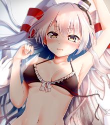 Rule 34 | 10s, 1girl, amatsukaze (kancolle), arm up, armpits, bad id, bad pixiv id, bikini, black bikini, blush, bow, bow bikini, breasts, brown eyes, collarbone, covered erect nipples, gloves, haguda tofu (hakudatofu), hair tubes, headgear, kantai collection, long hair, looking at viewer, lying, medium breasts, navel, on back, open clothes, out of frame, pov, pov hands, silver hair, solo focus, swimsuit, tears, two side up, untied, wavy mouth, white gloves