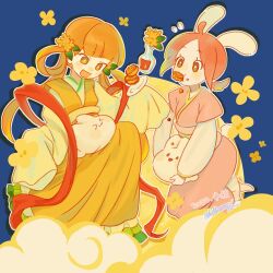 Rule 34 | 2022, 2girls, animal, animal ears, blue background, brown eyes, cloud, cookie, dress, flower, food, food in mouth, hair flower, hair ornament, hair rings, holding, holding animal, japanese clothes, killatsune, kimono dress, long hair, long sleeves, low twintails, medium hair, multiple girls, open mouth, original, pink dress, plate, rabbit, rabbit ears, red ribbon, ribbon, sleeves past fingers, sleeves past wrists, smile, twintails, vase, yellow dress, yellow flower