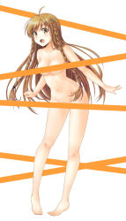 Rule 34 | 1girl, :o, antenna hair, barefoot, blush, braid, breasts, brown eyes, brown hair, caution tape, censored, censored nipples, clenched hand, courreges ace, culture japan, embarrassed, feet, floating hair, full body, groin, hair ornament, hairclip, leaning forward, legs, long hair, looking at viewer, mascot, navel, nude, open mouth, outstretched arms, pigeon-toed, caution tape, simple background, solo, spread arms, standing, suenaga mirai, surprised, sweatdrop, swept bangs, twin braids, very long hair, white background, yellow eyes