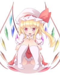 Rule 34 | 1girl, blonde hair, double v, flandre scarlet, hat, hat ribbon, knees together feet apart, looking at viewer, mob cap, open mouth, panties, pantyshot, red eyes, ribbon, side ponytail, simple background, smile, solo, squatting, touhou, underwear, upskirt, v, white background, wings, yuuki (yuyuki000)
