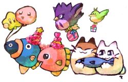 Rule 34 | balloon, bird, box, cat, coo (kirby), fish, flying, gift, gift box, kine (kirby), kirby (series), mine (kirby), nago (kirby), nintendo, owl, pitch (kirby), shiro (kirby), sunfish, white background, wuu211211