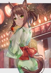 Rule 34 | 1girl, absurdres, alternate costume, animal ears, ass, breasts, commentary request, fine motion (umamusume), fireworks, folded ponytail, food, green eyes, highres, horse ears, horse girl, horse tail, japanese clothes, kimono, lantern, looking at viewer, medium hair, small breasts, tail, umamusume, waity awa, yukata