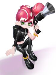 Rule 34 | 1boy, agent 8 (splatoon), arm support, black footwear, black pants, black shirt, boots, bracelet, closed mouth, commentary request, full body, g1 (jjw00123), green eyes, hand up, highres, holding, holding weapon, jewelry, looking at viewer, male focus, nintendo, octoling, octoling boy, octoling player character, pants, pink hair, pointy ears, shirt, short hair, sitting, solo, splatoon (series), splatoon 2, splatoon 2: octo expansion, squidbeak splatoon, tentacle hair, weapon, zipper, zipper pull tab