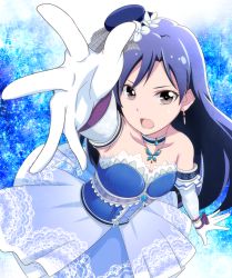 Rule 34 | 10s, 1girl, arm up, blue hair, bug, butterfly, choker, dress, earrings, elbow gloves, flower, gloves, gradient background, hat, hat flower, idolmaster, idolmaster (classic), idolmaster one for all, insect, jabara tornado, jewelry, kisaragi chihaya, long hair, looking at viewer, necklace, open mouth, purple eyes, solo, strapless, strapless dress
