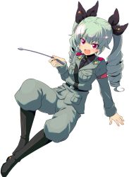 Rule 34 | 10s, 1girl, anchovy (girls und panzer), arm support, black footwear, black shirt, blouse, boots, dress shirt, drill hair, full body, girls und panzer, green hair, grey jacket, grey pants, hair ribbon, highres, holding, jacket, knee boots, leaning back, long hair, long sleeves, looking at viewer, military, military uniform, necktie, open mouth, pants, pants tucked in, red eyes, ribbon, riding crop, shirt, shoulder belt, sitting, smile, solo, sw (taco), twin drills, twintails, uniform, white background