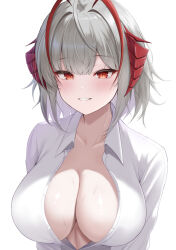 Rule 34 | 1girl, absurdres, ahoge, antennae, arknights, breasts, cleavage, collared shirt, dinosaurus (azimangasaurus), grey hair, highres, horns, large breasts, looking at viewer, medium hair, parted lips, red eyes, shirt, simple background, solo, sweat, upper body, w (arknights), white background, white shirt