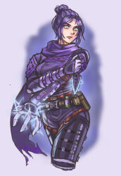 Rule 34 | 1girl, apex legends, belt, black bodysuit, black gloves, blue eyes, bodysuit, breasts, brown belt, cowboy shot, electricity, gloves, holding, holding knife, knife, kunai, light smile, looking up, medium breasts, mikepo, no pupils, open hand, portal (object), purple background, purple hair, purple scarf, scarf, solo, v-shaped eyebrows, walking, weapon, wraith&#039;s kunai, wraith (apex legends)