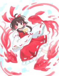 Rule 34 | 1girl, ahoge, blush stickers, bow, brown eyes, brown hair, commentary request, detached sleeves, fish, frilled skirt, frills, full body, goldfish, hair bow, hair tubes, hakurei reimu, highres, kibisake, long hair, long sleeves, looking at viewer, red bow, red shirt, red skirt, sarashi, shirt, skirt, solo, touhou, wide sleeves, yellow neckwear
