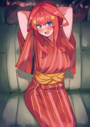 Rule 34 | amog, arms up, blue eyes, blush, breasts, car, elbow, embarrassed, go-toubun no hanayome, hair between eyes, hair ornament, head tilt, highres, japanese clothes, kimono, large breasts, looking at viewer, motor vehicle, nakano itsuki, open mouth, red hair, sitting, yukata