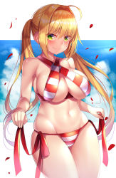 Rule 34 | 1girl, ahoge, bare shoulders, bikini, blonde hair, blush, breasts, cleavage, closed mouth, collarbone, criss-cross halter, earrings, fate/grand order, fate (series), green eyes, hair between eyes, hair intakes, halterneck, highres, jewelry, large breasts, looking at viewer, nano (syoutamho), navel, nero claudius (fate), nero claudius (fate) (all), nero claudius (swimsuit caster) (fate), red bikini, side-tie bikini bottom, smile, solo, striped bikini, striped clothes, swimsuit, thighs, twintails