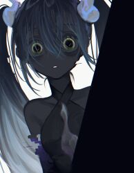 Rule 34 | 1girl, bags under eyes, blue hair, creatures (company), detached arm, digital dissolve, dilated pupils, game freak, ghost miku (project voltage), glitch, grey shirt, hair between eyes, hatsune miku, highres, horror (theme), long hair, looking at viewer, muted color, nagata 3, necktie, nintendo, pale skin, parted lips, peeking out, pokemon, project voltage, shirt, skinny, solo, triangle mouth, twintails, upper body, vocaloid, white background, white necktie, yellow eyes