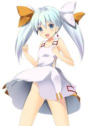Rule 34 | 10s, 1girl, bad id, bad pixiv id, bare shoulders, clenched hands, clothing cutout, dress, earrings, grey eyes, hair ribbon, jewelry, no panties, onaka sukisuki, open mouth, ribbon, side cutout, simple background, sleeveless, solo, tama (wixoss), thighs, twintails, white background, white dress, white hair, wixoss