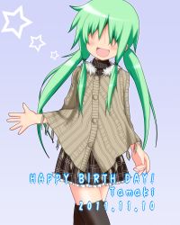 Rule 34 | 00s, 1girl, green hair, happy birthday, long hair, lucky star, mai (t-5), mai t-5, no eyes, solo, sweater, thighhighs, twintails, yamanobe tamaki
