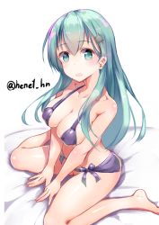 Rule 34 | 10s, 1girl, alternate costume, aqua hair, bare shoulders, barefoot, breasts, cleavage, collarbone, commentary request, hair ornament, hairclip, henet hene, kantai collection, large breasts, long hair, looking at viewer, sitting, solo, suzuya (kancolle), twitter username, wariza