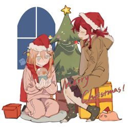 Rule 34 | 2girls, black skirt, blue eyes, blush, bocchi the rock!, box, brown coat, chinese commentary, christmas, christmas tree, closed eyes, coat, commentary request, crying, cube hair ornament, fur-trimmed headwear, fur trim, gift, gift box, gotoh hitori, gotoh hitori (octopus), gotoh hitori (tsuchinoko), hair ornament, hat, highres, indoors, jacket, kita ikuyo, lingyi, long sleeves, merry christmas, multiple girls, open mouth, pants, pink jacket, pink pants, pleated skirt, red hair, red hat, santa hat, seiza, sitting, skirt, smile, star (symbol), tears, track jacket, window