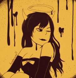 Rule 34 | 1girl, absurdres, alice (bendy and the ink machine), bendy and the ink machine, black dress, black hair, bow, dress, halo, heart, highres, horns, ink, long hair, one eye closed, rinday00, sepia background, video game