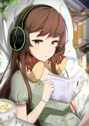 Rule 34 | 1girl, blurry, blurry background, blurry foreground, blush, bokeh, book, bookshelf, bracelet, brown hair, commentary, depth of field, green eyes, green shirt, half-closed eyes, headphones, highres, holding, holding book, indoors, jewelry, light particles, long hair, looking away, neck ruff, open book, open mouth, original, parted lips, puffy sleeves, reading, sasoura, shirt, short sleeves, sitting, solo, sparkle, tagme, tea, upper body