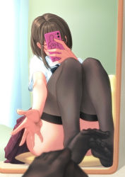 Rule 34 | 1girl, animal print, ass, black skirt, black thighhighs, brown hair, cellphone, commentary request, covering face, feet, glasses, highres, holding, holding phone, mirror, no shoes, original, phone, pleated skirt, rabbit print, school uniform, shirt, short sleeves, sitting, skirt, smartphone, thighhighs, white shirt, yamauchi (conan-comy)