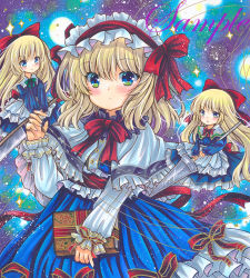 Rule 34 | 1girl, :o, alice margatroid, apron, back bow, blonde hair, blue background, blue eyes, blue skirt, blush, book, bow, bowtie, capelet, closed mouth, cowboy shot, frilled apron, frilled capelet, frilled hairband, frilled shirt, frilled skirt, frills, hair bow, hair ribbon, hairband, holding, holding book, hourai doll, jewelry, long hair, long sleeves, looking at viewer, marker (medium), medium hair, open mouth, puppet, puppet rings, puppet strings, red bow, red bowtie, red hairband, red ribbon, ribbon, ring, rui (sugar3), sample watermark, shanghai doll, shirt, skirt, smile, touhou, traditional media, very long hair, waist apron, watermark, white apron, white capelet, white shirt