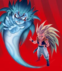 Rule 34 | 2boys, amachu a, blonde hair, commentary request, dragon ball, dragonball z, frown, ghost, gotenks, green eyes, grin, hand on own hip, highres, long hair, male focus, metamoran vest, multiple boys, muscular, muscular male, no eyebrows, pants, pointing, smile, super ghost kamikaze attack, super saiyan, super saiyan 3, very long hair, white pants