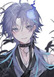 Rule 34 | 10 io, 1boy, antenna hair, black collar, black jacket, blue eyes, blue hair, cattail, collar, earrings, haori, highres, hitodama, holostars, jacket, japanese clothes, jewelry, kimono, long hair, looking at viewer, male focus, minase rio, multicolored hair, necklace, o-ring collar, off shoulder, official alternate costume, parted bangs, parted lips, plant, purple hair, purple kimono, seigaiha, single earring, sleeveless, sleeveless kimono, smile, solo, spiked collar, spikes, streaked hair, upper body, virtual youtuber, white background
