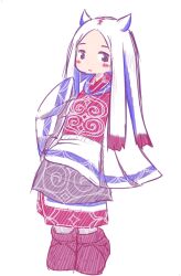 Rule 34 | 1girl, absurdres, ainu clothes, arm up, blush, dress, full body, highres, inan kur, limited palette, long dress, long hair, long sleeves, multicolored clothes, original, red dress, simple background, solo, standing, white background, white dress