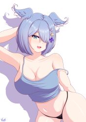 Rule 34 | 1girl, :d, absurdres, aqua eyes, arm behind back, arm behind head, armpits, artist name, bare arms, bare shoulders, black panties, blue camisole, blue hair, blue wings, bob cut, breasts, camisole, cleavage, collarbone, cowboy shot, diamond-shaped pupils, diamond (shape), drop shadow, elira pendora, hair ornament, hair over one eye, hairclip, head wings, highleg, highres, large breasts, latex, latex panties, leaning, leaning to the side, lingerie, long bangs, looking at viewer, micro panties, navel, nijisanji, nijisanji en, one eye covered, open mouth, panties, parted bangs, short hair, signature, simple background, skindentation, sleeveless, slit pupils, smile, solo, spaghetti strap, stomach, straight hair, strap slip, swept bangs, symbol-shaped pupils, thick thighs, thighs, thong, underwear, virtual youtuber, vlack, white background, wide hips, wings, x hair ornament