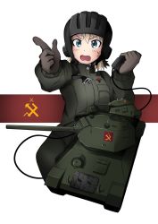 Rule 34 | 10s, 1girl, black gloves, blonde hair, blue eyes, commentary, cowboy shot, cropped legs, datapioka, emblem, fang, girls und panzer, gloves, helmet, highres, holding, katyusha (girls und panzer), long sleeves, looking at viewer, military, military uniform, military vehicle, motor vehicle, open mouth, pointing, pointing at viewer, pravda (emblem), pravda military uniform, radio, short hair, short jumpsuit, simple background, solo, t-34, tank, uniform, v-shaped eyebrows, wavy mouth, white background