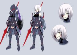 Rule 34 | 1girl, armor, berserker (fate/zero), berserker (fate/zero) (cosplay), bodysuit, character sheet, cosplay, dark persona, expressions, fate/grand order, fate/zero, fate (series), full body, grey background, hair over one eye, holding, holding polearm, holding spear, holding weapon, mash kyrielight, multiple views, ogawa shou, polearm, spear, weapon, white hair, yellow eyes