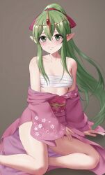 Rule 34 | 1girl, absurdres, alternate costume, amayo thranana, bandages, bare shoulders, chest sarashi, commentary request, fire emblem, fire emblem: mystery of the emblem, fire emblem: shadow dragon and the blade of light, green eyes, green hair, grey background, highres, japanese clothes, kimono, long hair, long sleeves, looking at viewer, nintendo, obi, off shoulder, pink kimono, pink sash, pointy ears, sarashi, sash, simple background, sitting, solo, strapless, tiki (fire emblem), tube top, very long hair, wide sleeves, yokozuwari