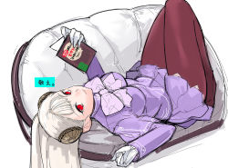 Rule 34 | 1girl, albino, book, bow, breasts, brown pantyhose, capcom fighting jam, commentary request, couch, dress, gloves, hairpods, ingrid (capcom), legs together, long hair, looking at viewer, lying, medium breasts, on back, open book, pantyhose, purple dress, red eyes, sketch, solo, tetsu (kimuchi), translation request, white gloves, white hair