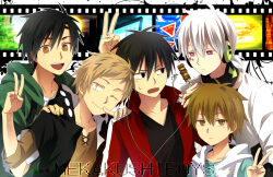Rule 34 | 5boys, :d, amamiya hibiya, arrow (symbol), arrow print, black hair, black hoodie, black shirt, blue shirt, blue sky, brown eyes, brown shirt, casual, circle, cityscape, closed mouth, collarbone, colored eyelashes, commentary, copyright name, cross-laced clothes, cross-laced slit, day, english text, film strip, fingernails, food, green jumpsuit, grey sky, hair between eyes, hair ornament, hairclip, hand on another&#039;s shoulder, hand up, head tilt, headphones, holding, holding food, hood, hood down, hooded jumpsuit, hoodie, jacket, jumpsuit, kagerou project, kano shuuya, kisaragi shintarou, konoha (kagerou project), light brown hair, long bangs, looking at another, looking at food, looking at viewer, looking away, looking to the side, male focus, mekakucity actors, mixed-language text, multiple boys, neck warmer, one eye closed, open clothes, open jacket, open mouth, outline, pink eyes, popped collar, print hoodie, red jacket, road sign, romaji text, seto kousuke, shirt, short hair, short ponytail, short sleeves, sign, single earphone removed, single stripe, skewer, sky, sleeveless, sleeveless hoodie, sleeves past elbows, smile, splatter, stop sign, sun, t-shirt, teeth, track jacket, translated, triangle, two-sided hoodie, two-tone hoodie, unamused, upper body, upper teeth only, usm (kk316), v, white background, white hair, white hoodie, white outline, white shirt, white stripes, yakitori, yellow eyes
